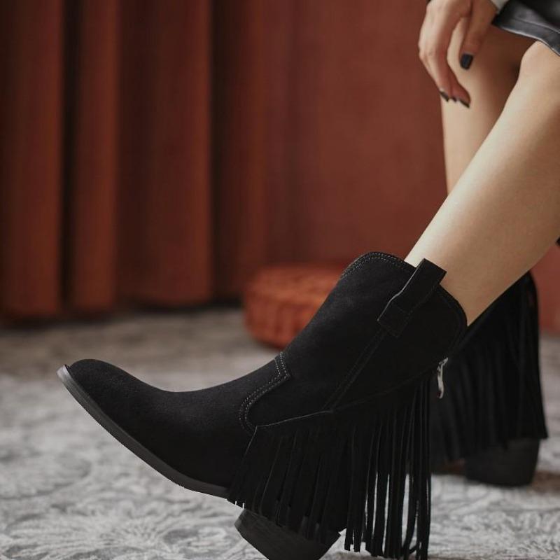 Fashion Ladies Mid Calf Shoes Tassel Brown Women's Half High Boots Wedge Heel Quality On Promotion Footwear Winter 2024 Novelty Gothic