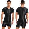 Мужской цельный купальник с коротким рукавом, комбинезон на молнии, глянцевый эластичный спортивный костюм для фитнеса с круглым вырезом