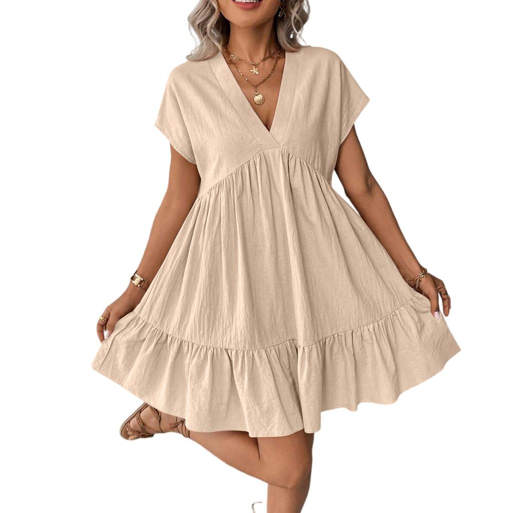 Women's Fashion Casual Slim Covered Sleeve V-Neck Pleated Ruffle Dresses