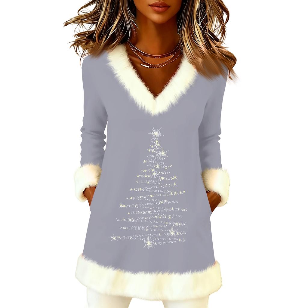 Women's Christmas Fashion Plush V-neck Pullover Sweater Solid Color Long Sleeve Top