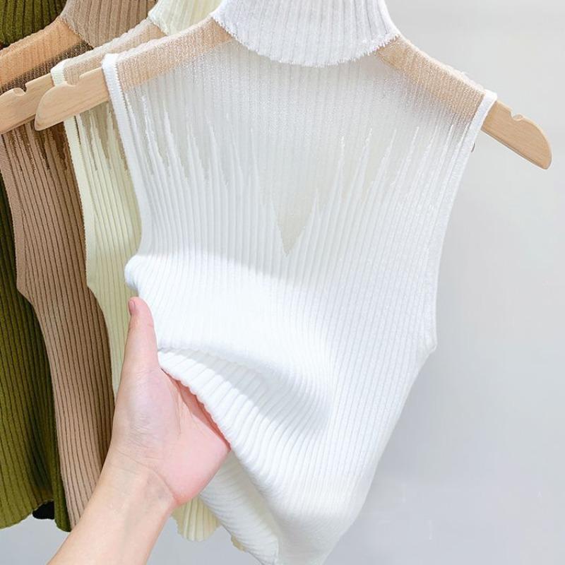 Summer Women Knitted Sleeveless T-shirt Mesh Hanging Neck Semi-high Neck Small Vest Female Undershirt Street Clothes