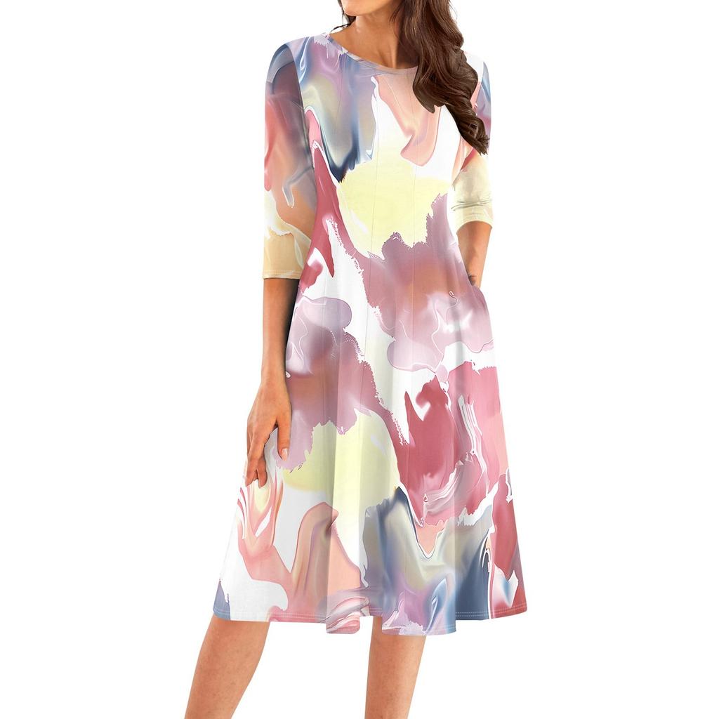 Women's Casual Fashion Round Neck Three Quarter Sleeve Print Midi Dress