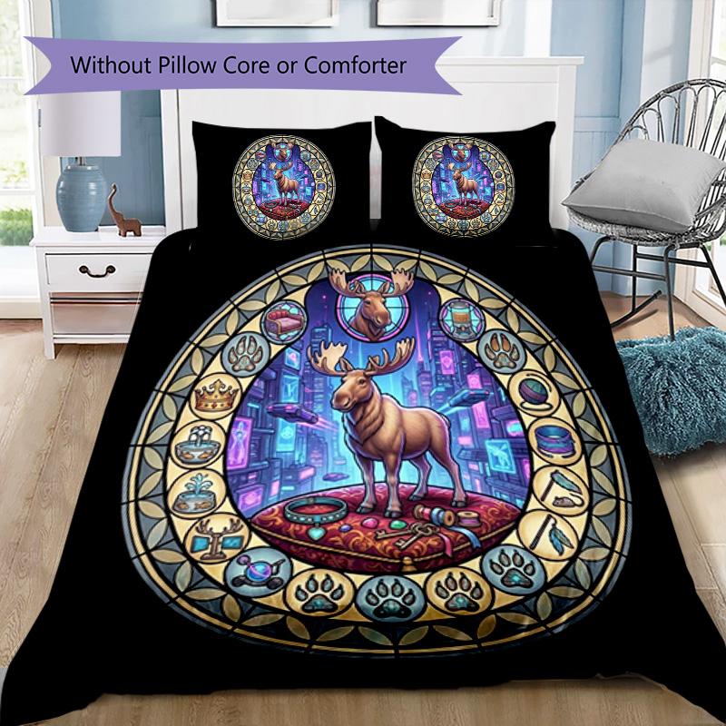 Moose Glass Cityscape Pattern Bedding,Quilt Set Quilt Cover Pillowcase Home Birthday Gift (1 * duvet cover + 2 * pillowcase, without core)