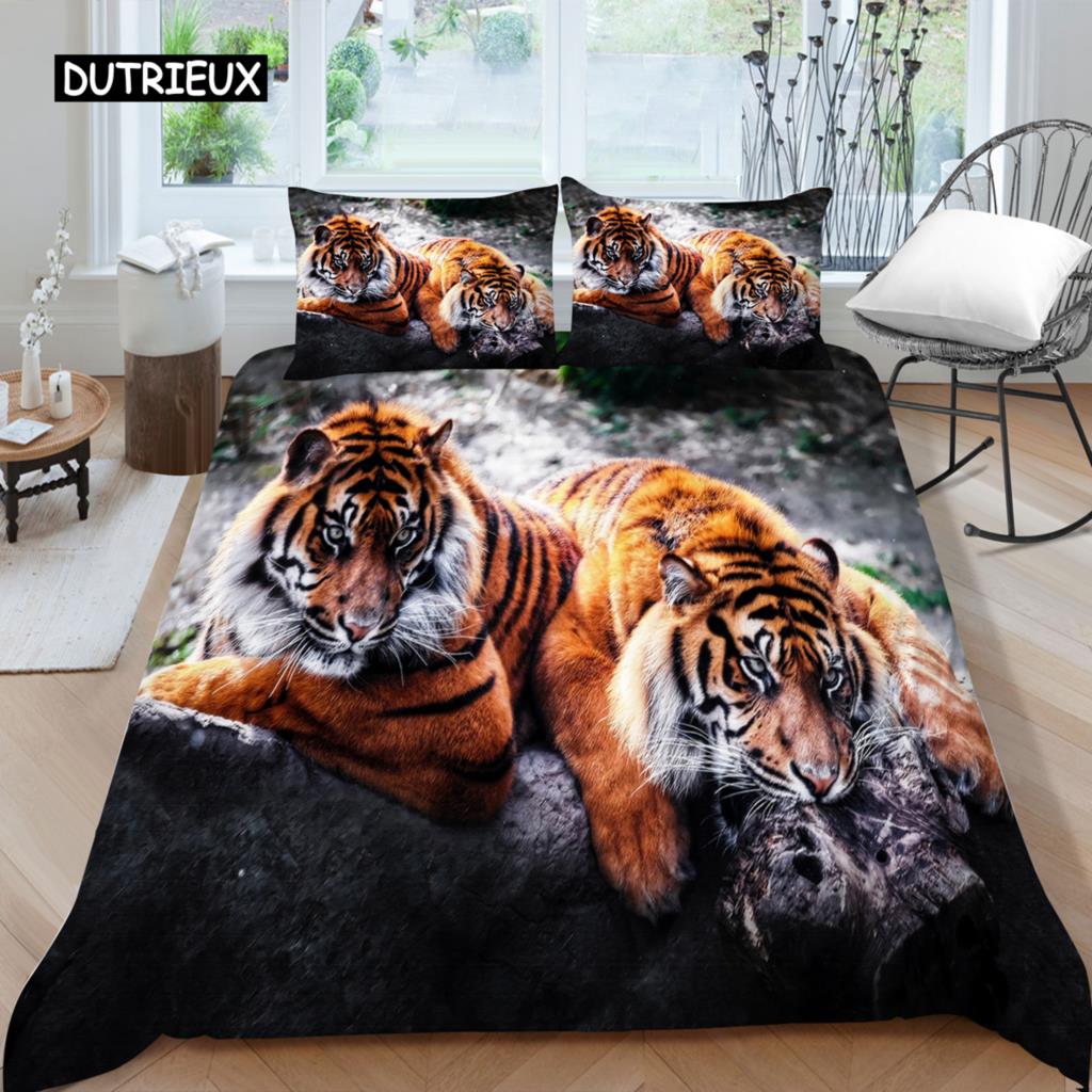 Комплект постельного белья 3D, черный пододеяльник, комплект стеганого одеяла, наволочка, размер King Queen, полиэстер с принтом тигра и животных