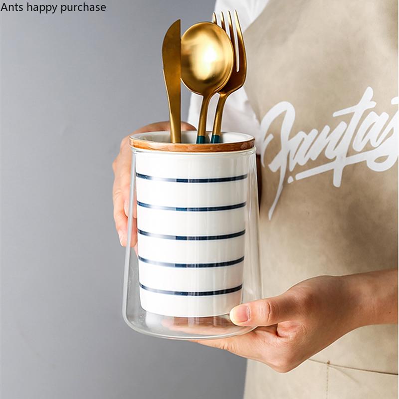 Двойной стеклянный керамический держатель для палочек для еды, кухонная банка для хранения, подставка для слива, органайзер для посуды, ящик для хранения палочек для еды, ящик для столовых приборов