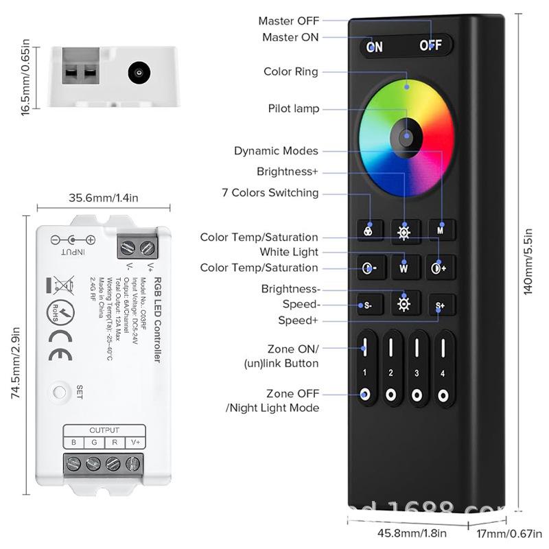 Цветной RGB-контроллер и сенсорный пульт с зональным управлением (модель: C03RF+RC03RF)