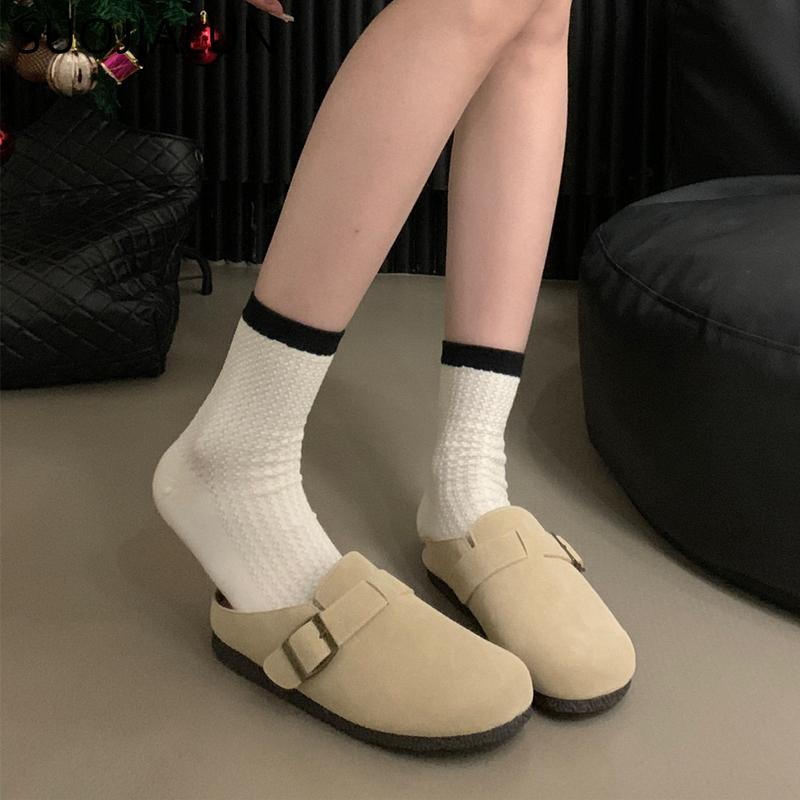 Мода SUOJIALUN 2024 Весна Новинка Бренд Женские Туфли-Шлепанцы Круглый Носок Слипоны Туфли Мюли Мода Плоский Каблук Повседневные Плоские Шлепанцы