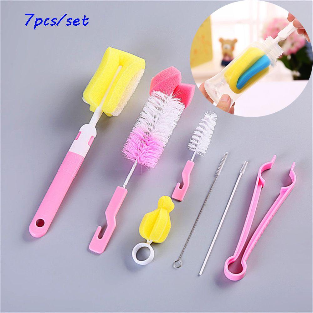 7pcs Head 360-degree Spout Cup Clean Sponge Rotating Baby Nipple Bottle Brush