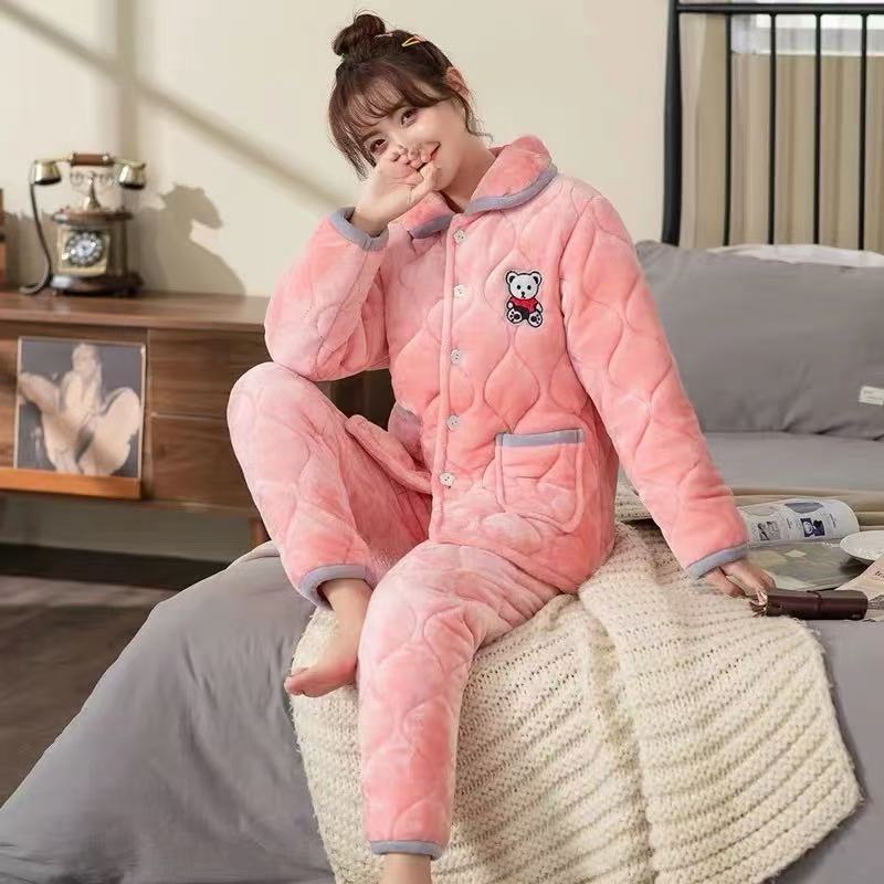 Зимняя стеганая пижама трехслойная утолщенная коралловый флис домашняя одежда женский комплект пижамы большого размера