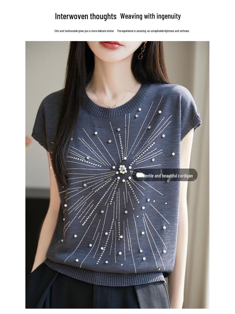 Женская летняя футболка из бамбукового льна с бисером и круглым вырезом