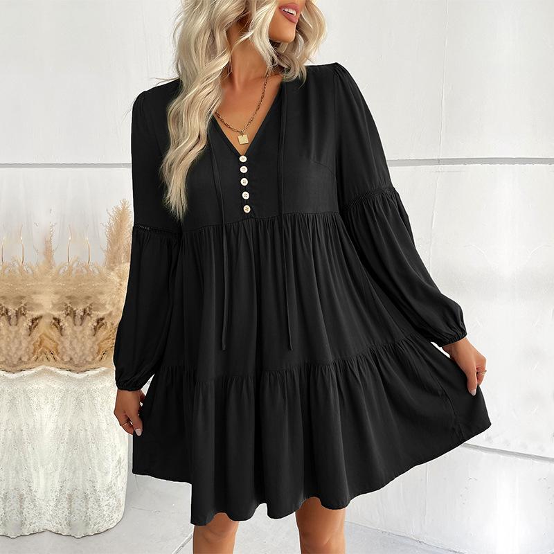 [Baizhiyi] New autumn simple style short loose v-neck pleated solid color dress