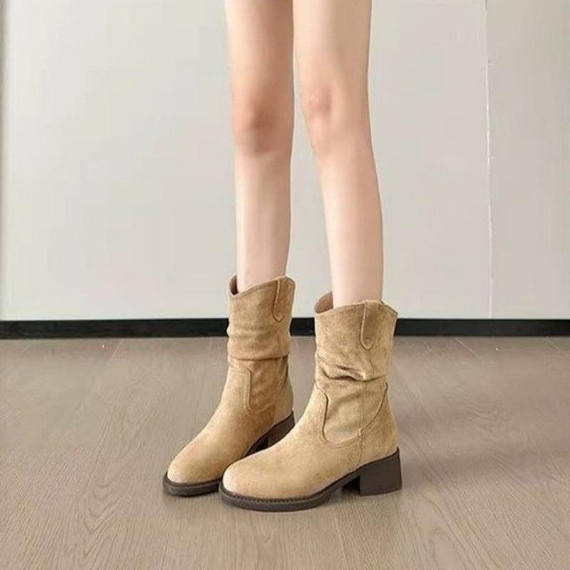 New Maillard Fashion Boots Autumn Vintage Suede Martin Boots Small Skinny Pleated Pile Boots