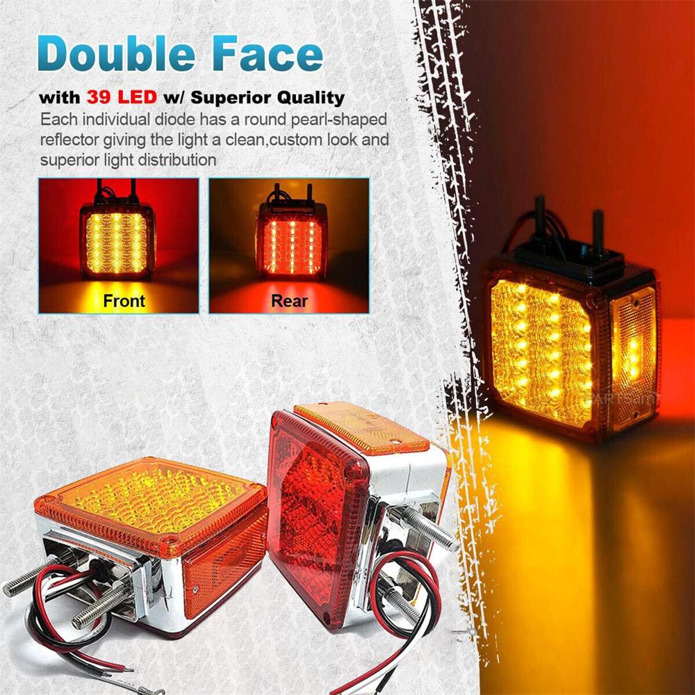 2PCS Turn Signal Light 39LED Red Amber Square Dual Face Stud Mount Pedestal Fender Truck Trailer Side Marker Rear Tail Lights