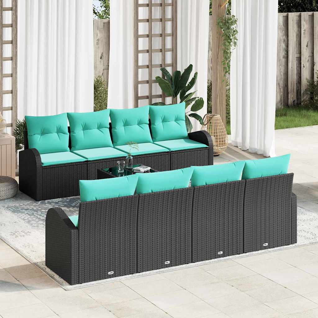 Sofa Set with Cushions 9 pcs Black and Turquoise Poly Rattan