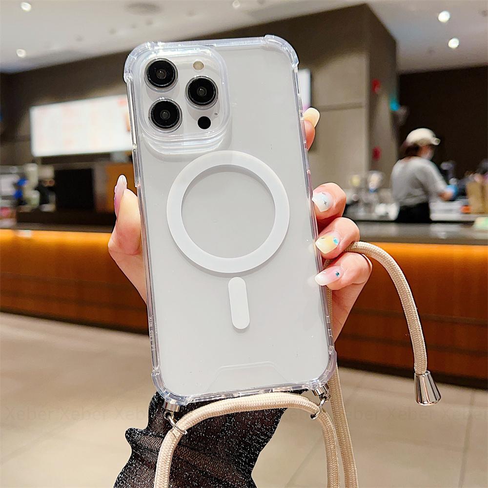 Ремешок через плечо для Magsafe, магнитный чехол с беспроводной зарядкой для iPhone 11 12 13 14 15 Pro Max X XR XS 7 8 Plus SE, прозрачный чехол