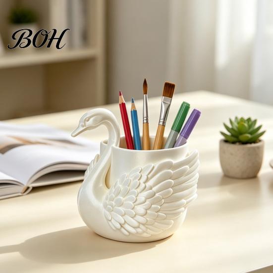Decorative Art Desktop Organizer Elegant Swan Pen Holder, Durable PLA Pencil Organizer, Large Modern Stationery Storage Capacity Container for Makeup