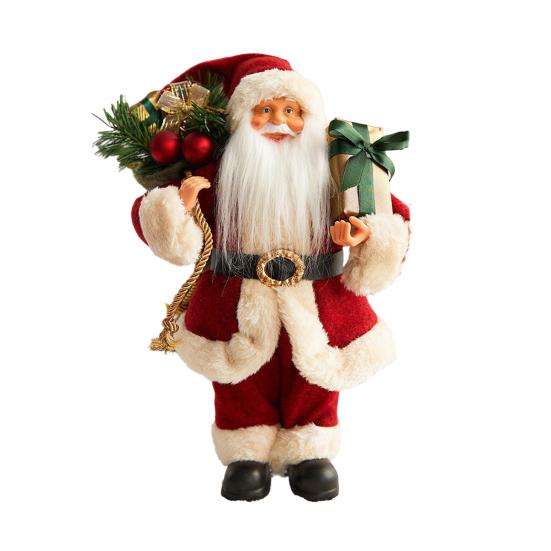 12" Christmas Santa Figurines Standing Santa Claus Doll with Present Box for Holiday Party Window Home Desktop Decoration