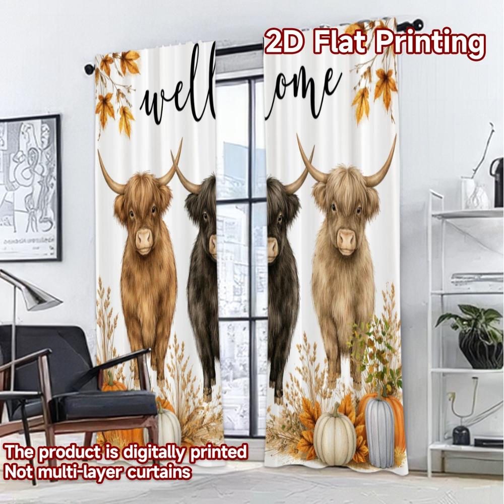 2D FLAT PRINTING 2pcs Curtains (Without Rod) Fall Welcome Highland Cows Popular Creative Curtains Semi-Sheer Curtains Easter