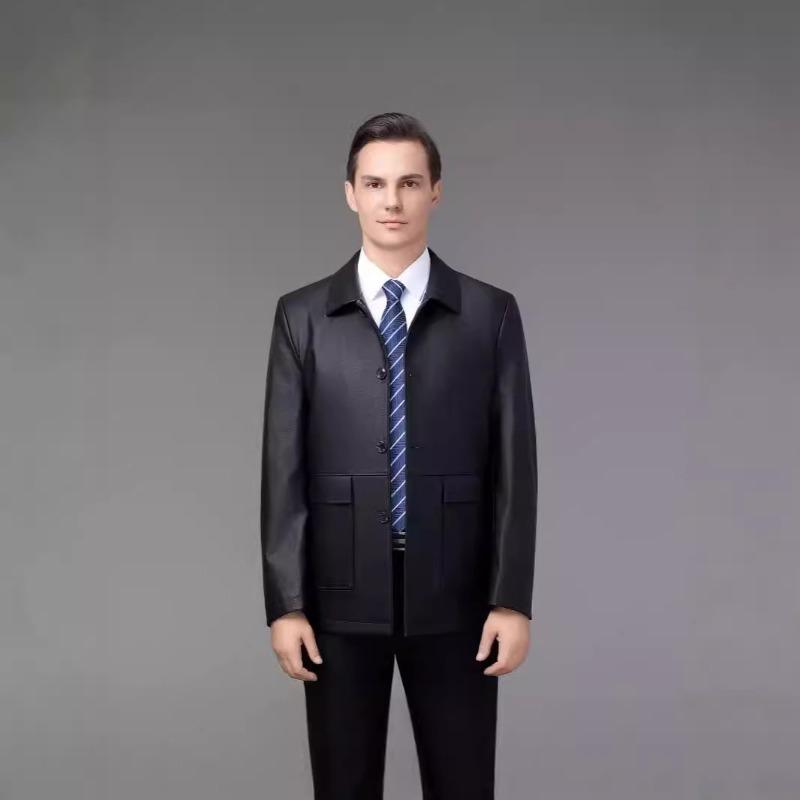 Новые осенние и зимние куртки из овчины для мужчин, повседневные однотонные кожаные куртки для людей среднего возраста, модные мужские куртки с воротником-стойкой