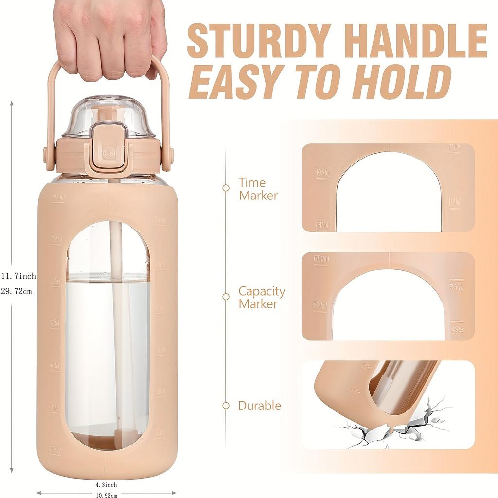 64oz Glass Water Bottles With Straw And Lid Half Gallon Water Bottle With Time Marker Leakproof Glass Water Bottles With Silicone Sleeve