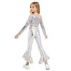 Girls Dance Costume One Shoulder Long Sleeve Sequins Crop Top Metallic Flared Pants