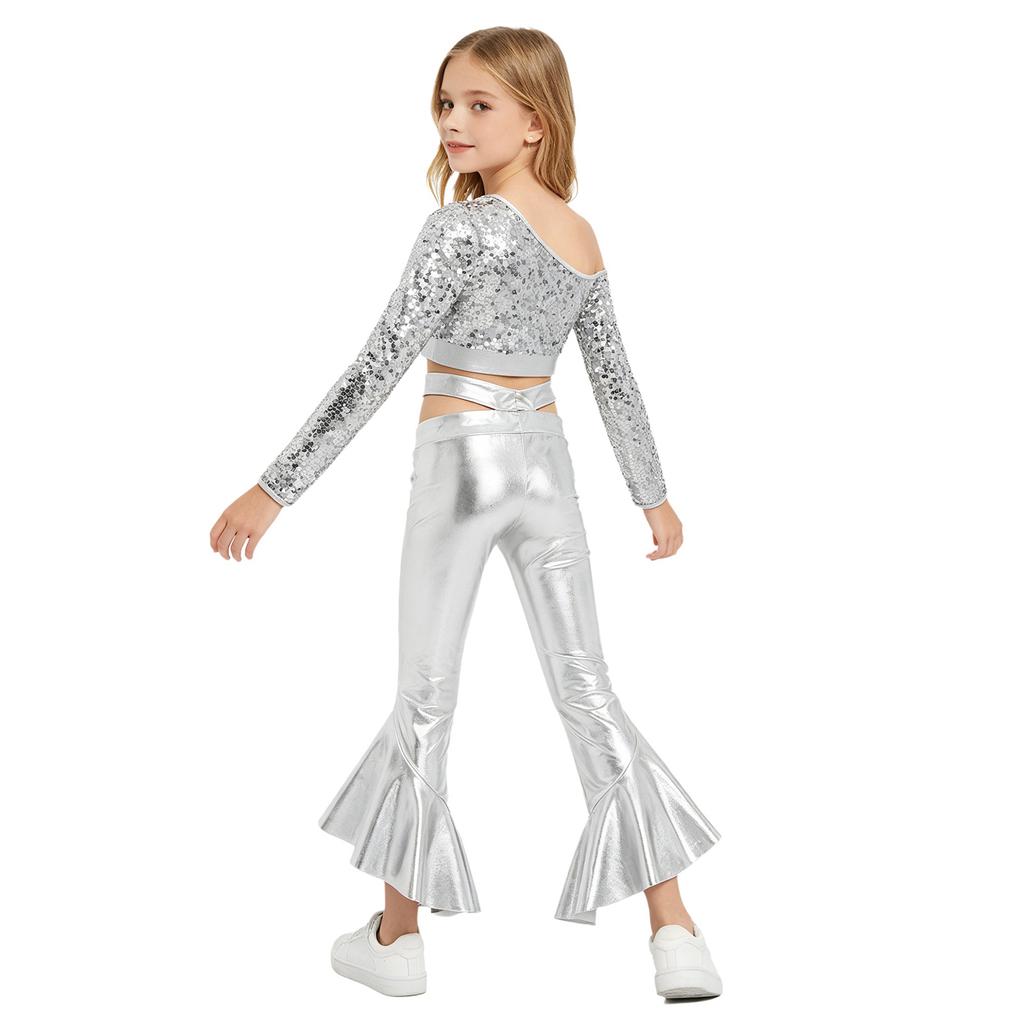 Girls Dance Costume One Shoulder Long Sleeve Sequins Crop Top Metallic Flared Pants
