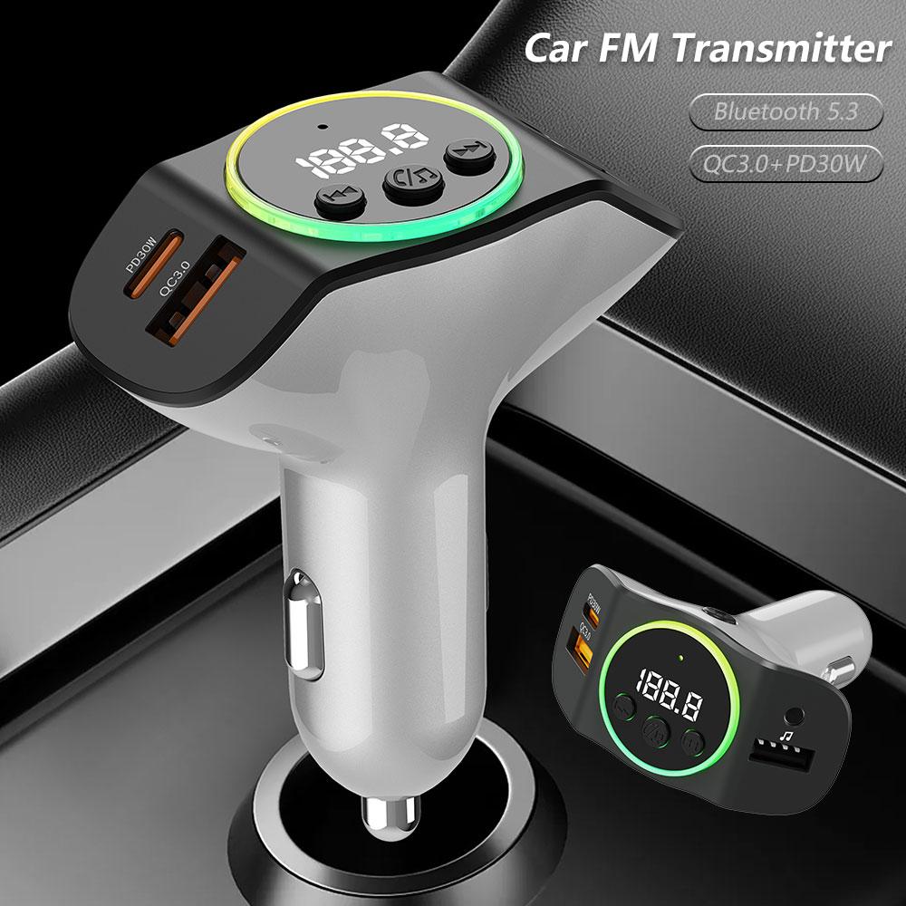 PD30W+QC3.0 Bluetooth 5.3 Автомобильный MP3-плеер FM-передатчик Беспроводная громкая связь Воспроизведение с USB-накопителя Адаптер быстрой зарядки USB Type-C для автомобиля
