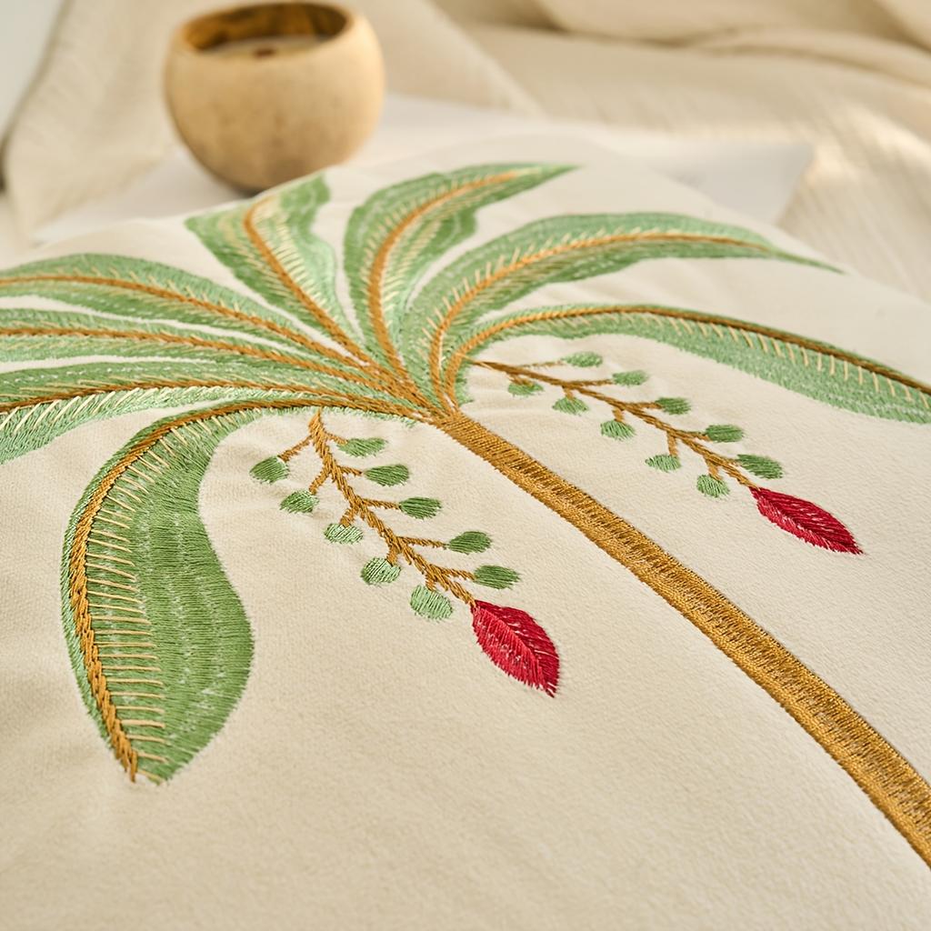 Tropical Palm Tree Pillow Cover Embroidered Green Plant Print Boho Coastal Cushion Case For Sofa Bed Couch Beachy Home Decor