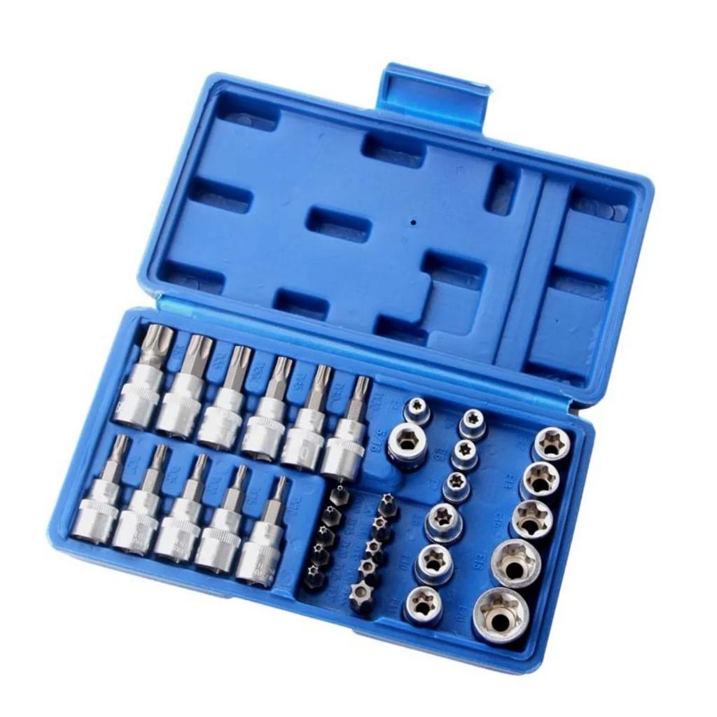 New 34pcs Bit Socket and E-Torx Star Socket Set 1/4" 3/8" Drive Male Female E-torx Security Bits Handheld Tool Auto Repair Tool