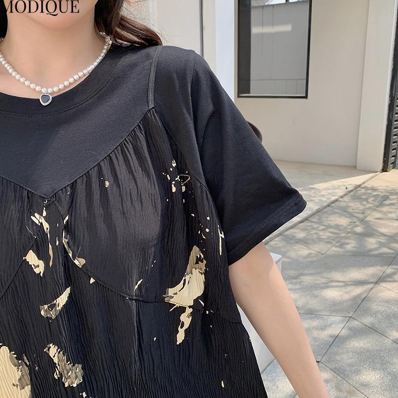 MODIQUE Summer Plus Size New Women Loose Elegant Pleated Floral Slip Mock Two-Piece Long Dress Female Short Sleeve O-Neck Dresses
