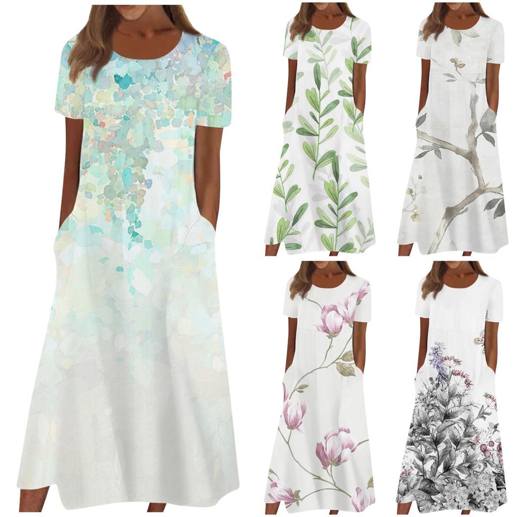 Women's Summer Casual Fashion Floral Print Short Sleeve Round Neck Pocket Dress