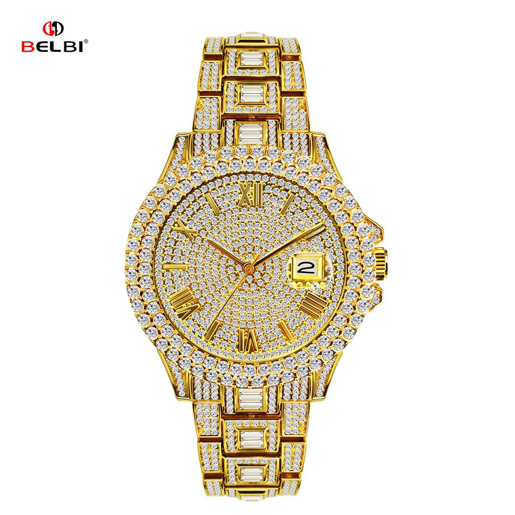 Men Luxury Full Diamond Quartz Watch Roman Numeral Date Display Iced Out Hip Hop Wrist Watch Waterproof
