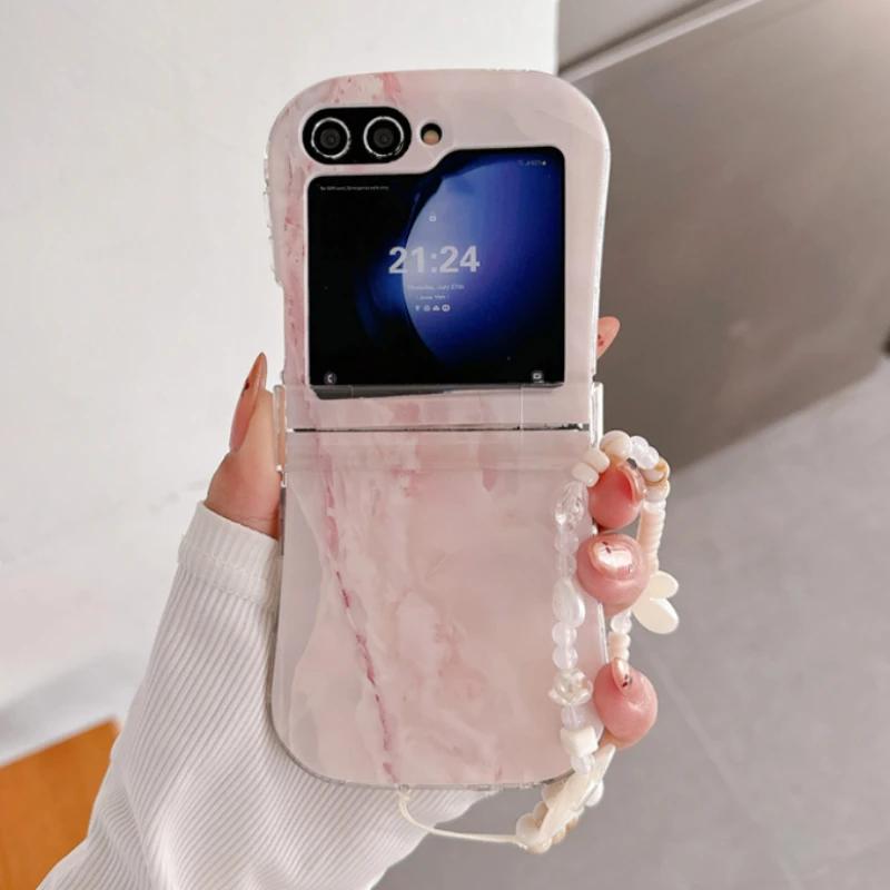 Korean Marble Texture Painted Case For Samsung Galaxy Z Flip 6 5 4 3 5G Flip4 Flip5 3-piece Set Flip6 Cute Anti-Scratch Cover