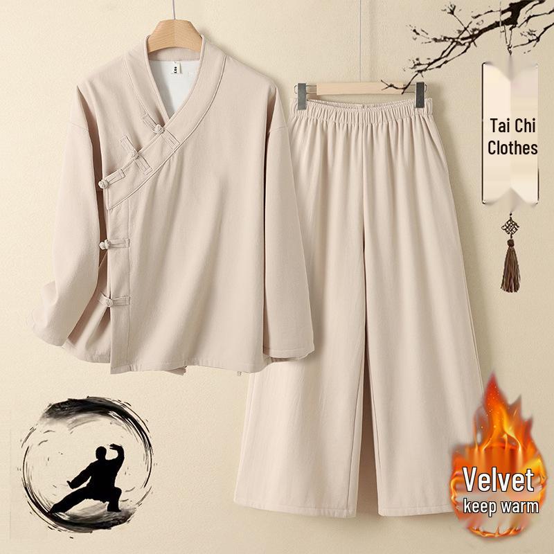 Women's Autumn/Winter Cotton Linen Hanfu: Velvet-Lined Chinese Style Long Sleeve Cardigan Monk Robe for Tea Ceremony