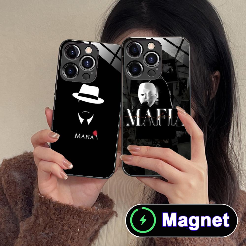 Чехол для iPhone 17 16 15 14 13 12 11 Air Pro Max Plus Mini со стеклянной крышкой MagSafe в стиле Итальянской мафии