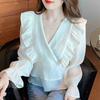 Fashion New 2024 Autumn Long Sleeve Ruffles V-Neck Casual Apricot Chiffon Blouse Shirt Women Tops Blouses Shirts J556