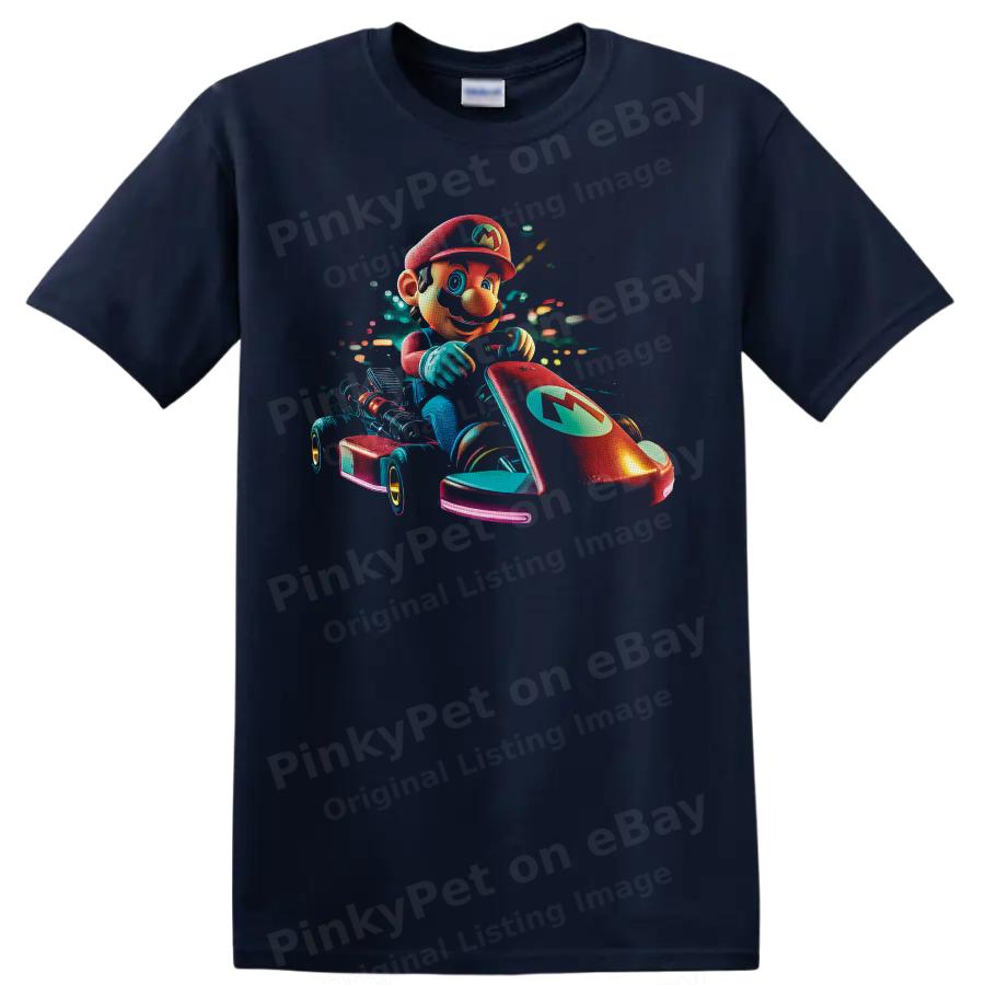 Mario Kart Racing T Shirt w/ Red Go Kart Neon Retro Video Game Graphic Tee Art