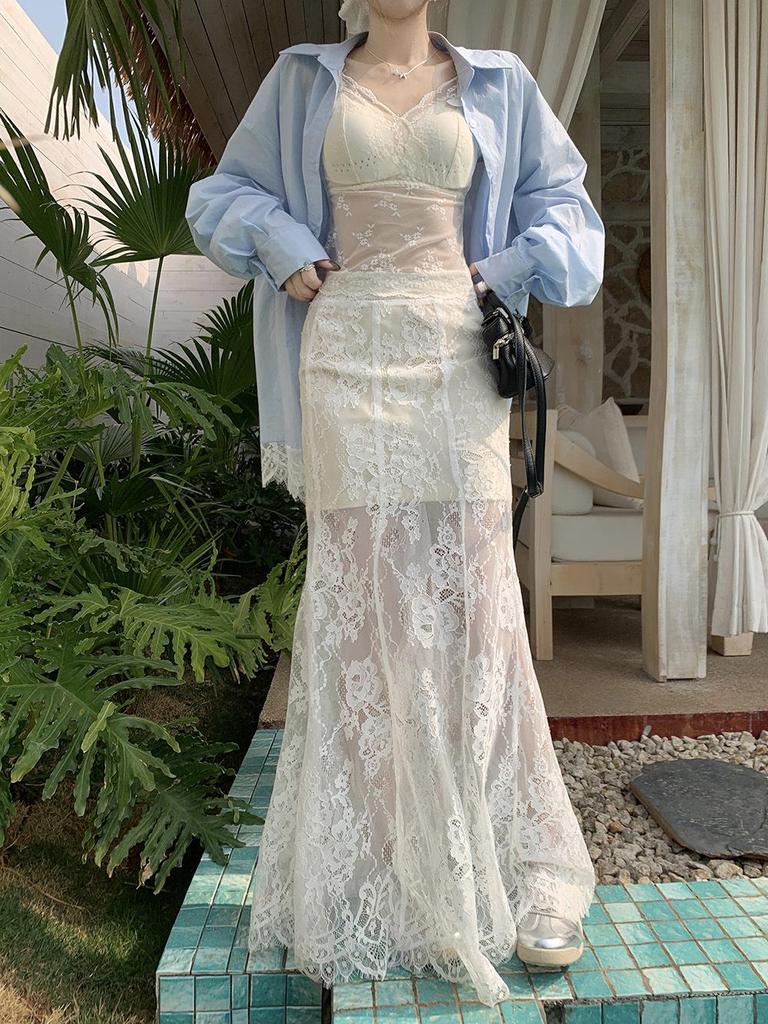 Женская синяя рубашка-жакет с кружевными вставками - корейский дизайн 2025 года, свободный крой, защита от солнца для лета