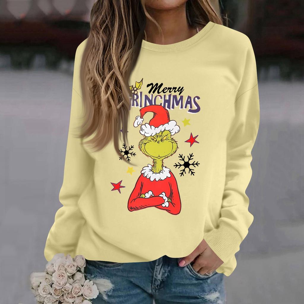 Women's Fashion Casual Long Sleeve Solid Color Christmas Printed Round Neck Top Sweatshirt