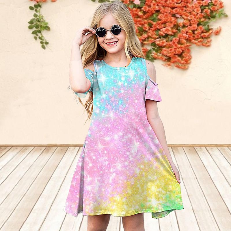 Girls Floral Gold Sequins Print Dresses Kids Girl Party Off Shoulder Dress Princess Dress Short Sleeved Dress Over Four Years Old