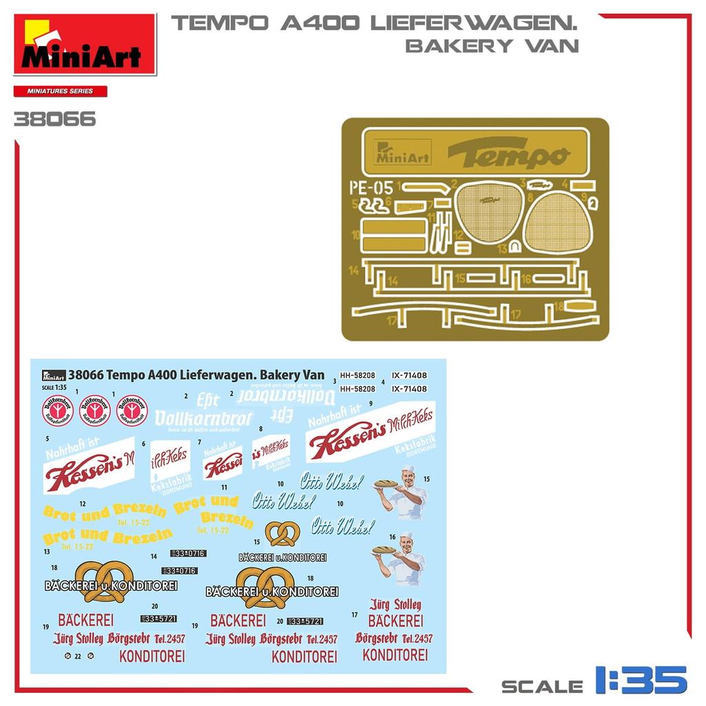 Пластиковый фургон для пекарни Miniart Tempo A400 Liefer Wagen, пластиковая модель MA38066, 1/35