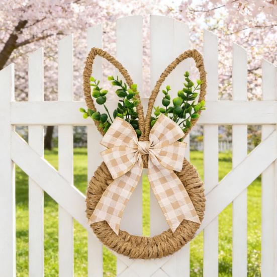 Пасхальный венок из пеньковой веревки, весенний венок с кроликом и бантом, пасхальная подвеска на дверь для фермерского дома, крыльца, двери, стены, окна