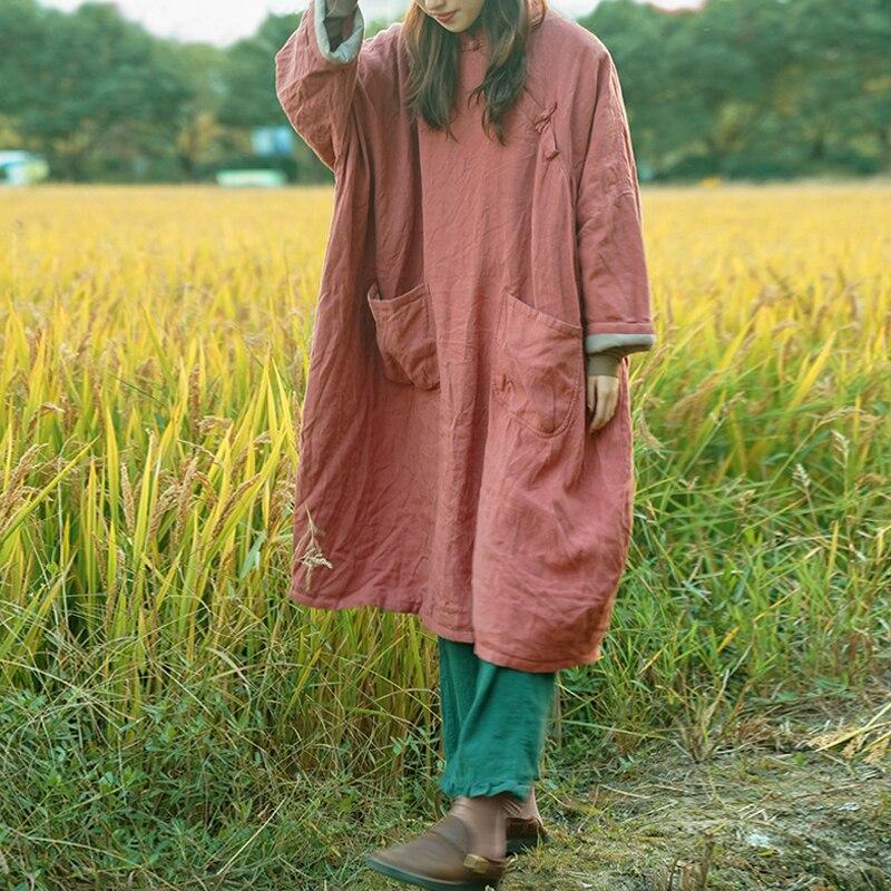 Johnature Женское винтажное льняное платье-стойка с длинным рукавом, теплый халат на пуговицах, однотонная зимняя одежда, свободное платье в китайском стиле