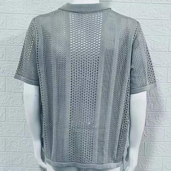 Мужская винтажная трикотажная рубашка с коротким рукавом и лацканами, повседневная однотонная рубашка на пуговицах для повседневной носки на работу и отдых