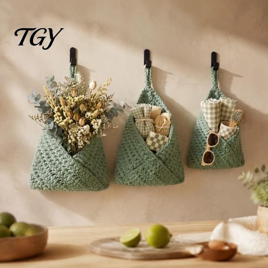 Thickened Cotton Rope Basket 3PCS Hanging Woven Storage Basket, Wall-mounted Organizer Wall Vegetable Pouches, Boho Multi-functional Bag for