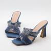 Fashion Luxury Design Crystal Rhinestone Women Slippers Sandal Blue Denim Summer 8CM Slides High Heels Sexy Square Toe Party Dress Shoes