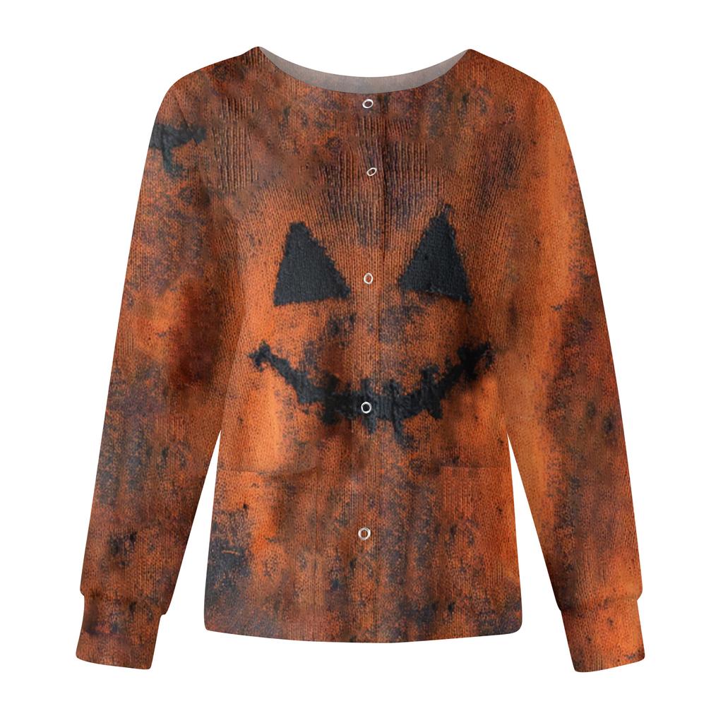 Women's Casual Fashion Long Sleeve Standing Collar Single Breasted Halloween Print Workwear Jacket Tops