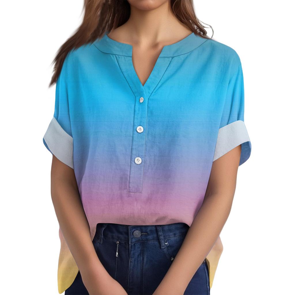 Женская хлопково-льняная футболка с круглым вырезом, коротким рукавом и пуговицами, футболка с принтом