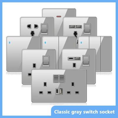 UK 13A Doublel usb электрическая розетка настенный светодиодный выключатель, серое стекло универсальный Type-c 18 Вт интеллектуальная быстрая зарядка розетка питания вилка