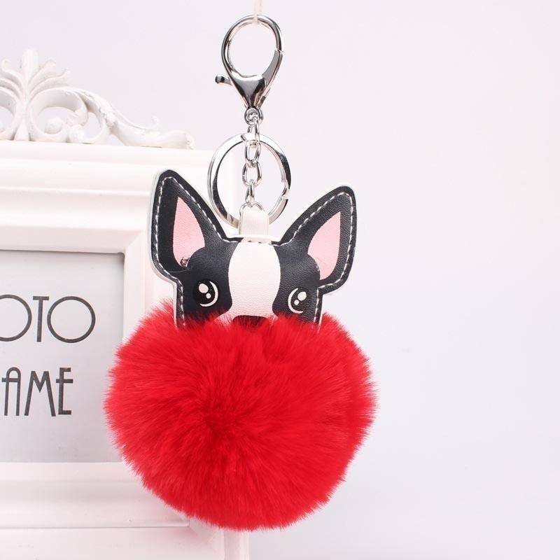 Fashion Fluffy Rabbit Fur Ball French Bulldog Keychain Pompom Key Chain PU Leather Animal Dog Keyring Holder Bag Charm Trinket Chaveiros